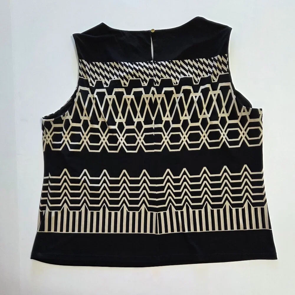 Calvin Klein Sleeveless Geometric Pleated Neckline Print Blouse, Black/Tan, 2X